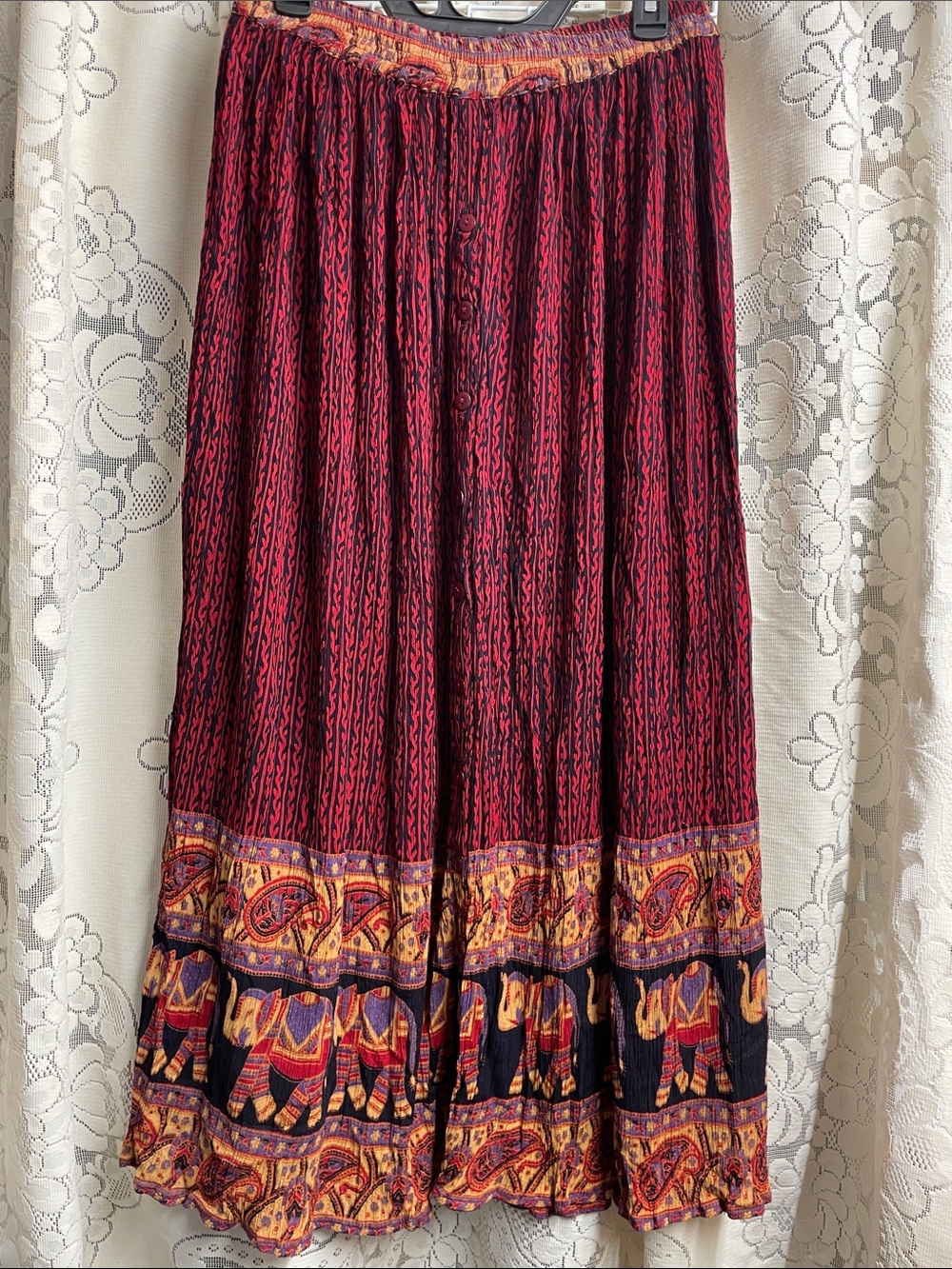 Royalty For Me Red and Black Printed Elephant Border Maxi Skirt Size Medium NWT